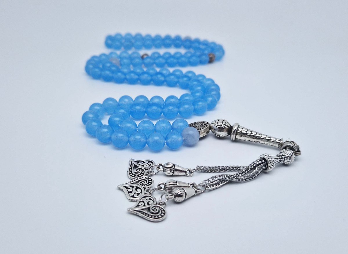 Handgemaakte tesbih "Tasbih" natuursteen " Blauwe Jade " - Aantal kralen 99 - Diameter kralen 8MM - met metaal tassel "Harten" - Een mooi cadeau-idee