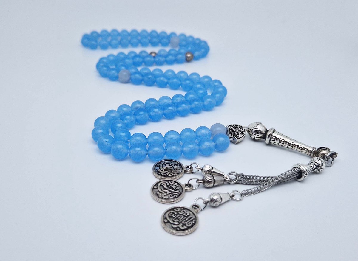 Handgemaakte tesbih "Tasbih" natuursteen " Blauwe Jade " - Aantal kralen 99 - Diameter kralen 8MM - met metaal tassel "Qul aeuidh biallah" - Een mooi cadeau-idee