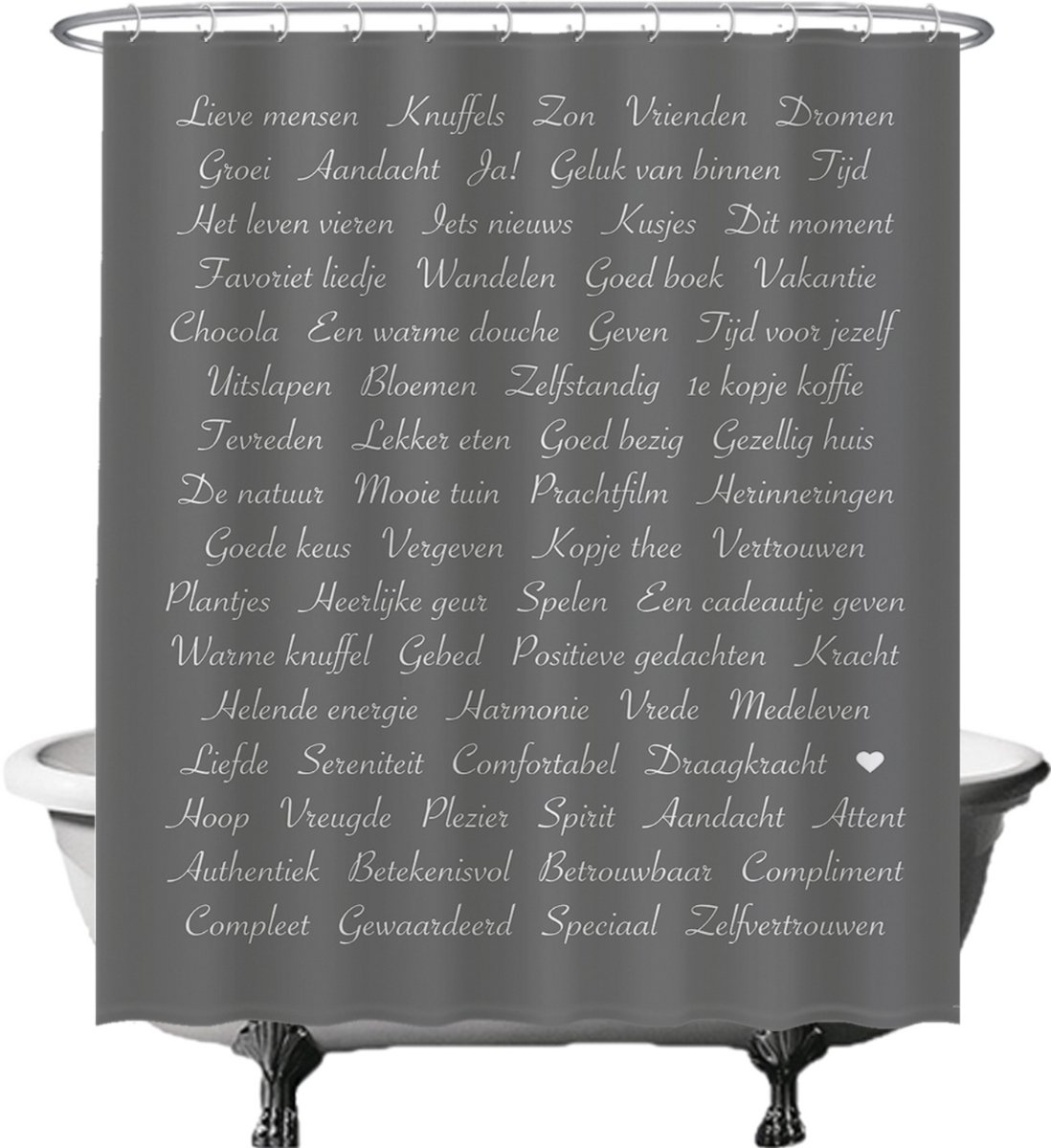 Ulticool Douchegordijn Anti Schimmel - Positieve Gedachten Manifesteren - 180 x 200 cm - Inclusief Ringen - Semi Transparant - Affirmatiekaarten Inspiratiekaarten Tekst Zen Geluk - Wit Grijs