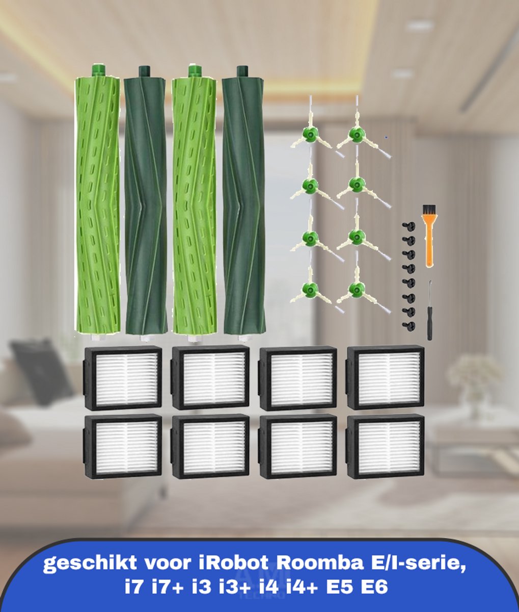 Reserveonderdelen geschikt voor iRobot Roomba E/I-serie, i7 i7+ i3 i3+ i4 i4+ E5 E6, borstelaccessoires geschikt voor iRobot Roomba, 2 sets rubberen borstels,8 hoogwaardige filters, 8 zijborstels