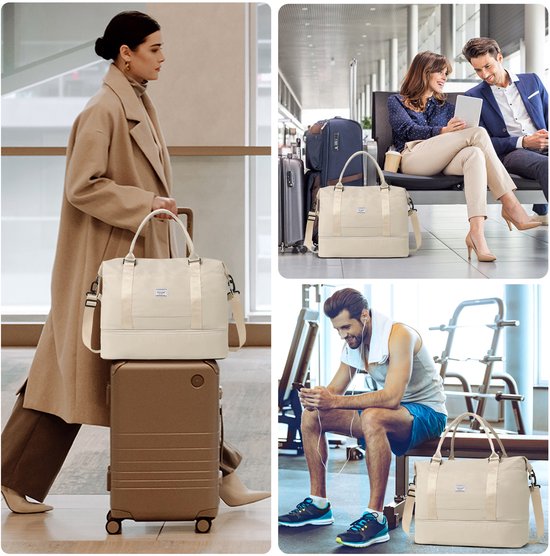 Sac de voyage TAN.TOMI - Sac de sport pour femme et homme - 46 x 23 x 32 cm - Avec housse Smart pour valise - Sac à Bagage à main - Avec compartiment à chaussures et bandoulière amovible - Beige