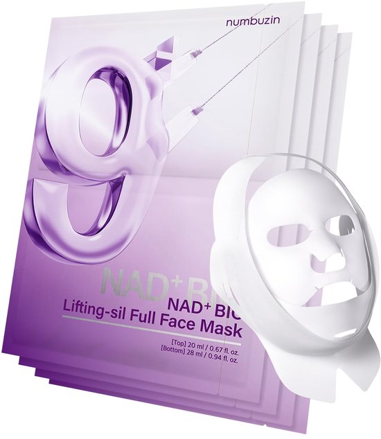 Meerdere Numbuzin NAD+ BIO Lifting-sil full face masks met een transparant masker erop.