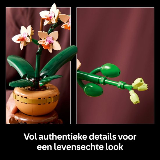 Een LEGO orchidee met zachtroze bloemen, groene bladeren, in een bruine pot met gouden accenten.