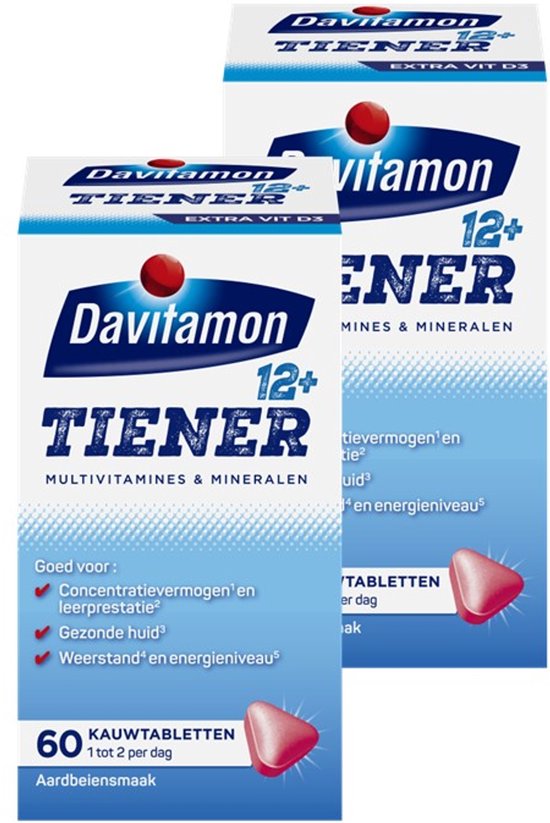 Davitamon Tiener Multi Boost 12+ Kauwvitamines - multivitaminen kinderen – aardbei smaak - 2 x 60 kauwtabletten - BUNDEL 2 STUKS