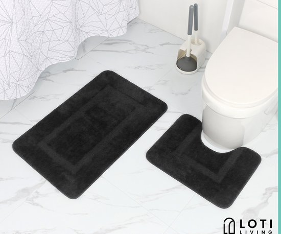 Loti Living Badmat Set Met Toiletmat Antislip – Douchemat – Badmat Badkamer – Vloermat – Badmat set wc mat – Badmat set antislip - Zwart - 50x80 cm + 50x40 cm