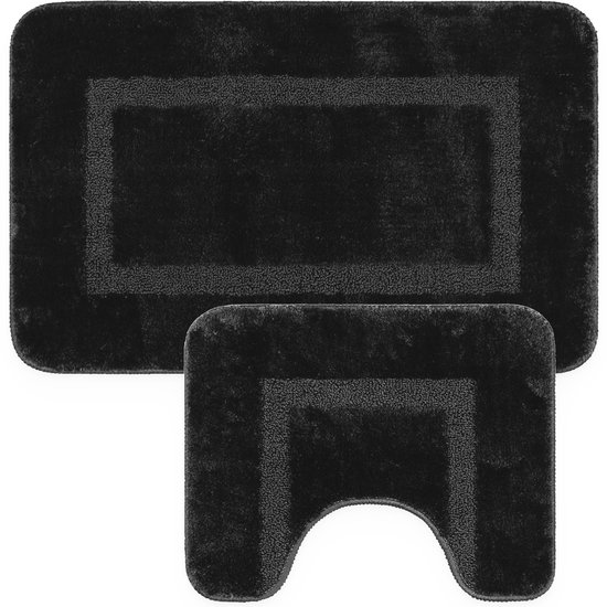 Loti Living Badmat Set Met Toiletmat Antislip – Douchemat – Badmat Badkamer – Vloermat – Badmat set wc mat – Badmat set antislip - Zwart - 50x80 cm + 50x40 cm