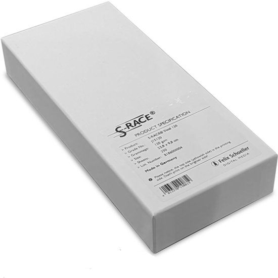 Verpakking met S-RACE® sublimatie mokkenpapier, 120 gram, 250 vellen, 9,8 x 23,8 cm. Gedrukt: 'Made in Germany' en S-RACE® logo.