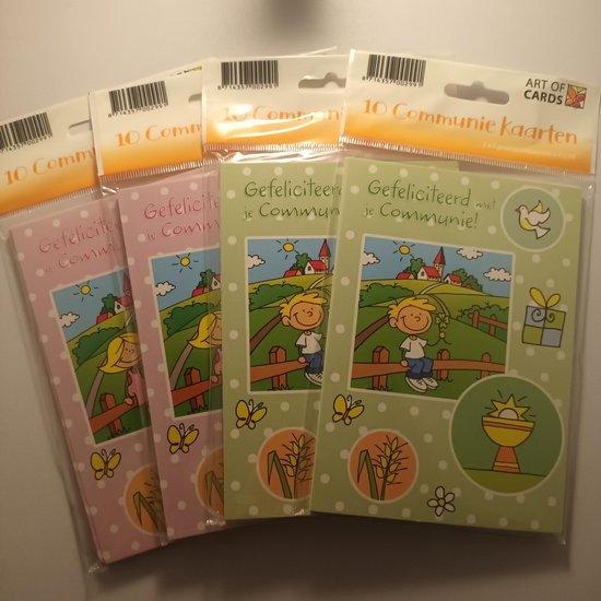 Stapel communiekaarten, 10 kaarten per verpakking. Twee motieven: meisje en jongen.