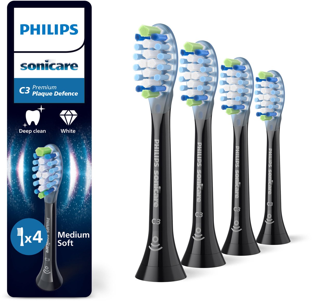 Philips Sonicare Premium Plaque Defence C3 – Opzetborstels voor Elektrische Tandenborstel – Zwart – Verpakking van 4 - Tandplakverwijdering - HX9044/88