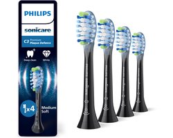 Philips Sonicare Premium Plaque Defence C3 – Opzetborstels voor Elektrische Tandenborstel – Zwart – Verpakking van 4 - Tandplakverwijdering - HX9044/88