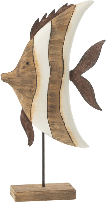 Poisson décoratif en bois avec rayures brunes et blanches, sur un socle en bois.