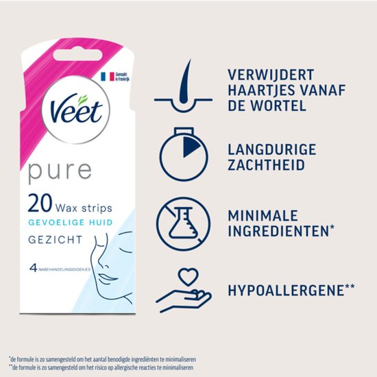Veet Pure gezichtsstrips, 20 stuks. Verwijdert haartjes vanaf de wortel, langdurige zachtheid, minimale ingrediënten, hypoallergeen.