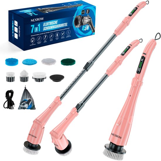 Roze elektrische schoonmaakborstel set met 7 opzetstukken, oplaadkabel en opbergzakje.