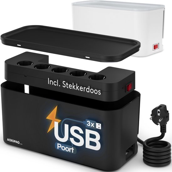 ACROPAQ Kabelbox inclusief stekkerdoos en USB lader – 5-voudig + 3 x USB-A, Met schakelaar – Opbergbox, Snellader Iphone en Samsung, Kabel organiser