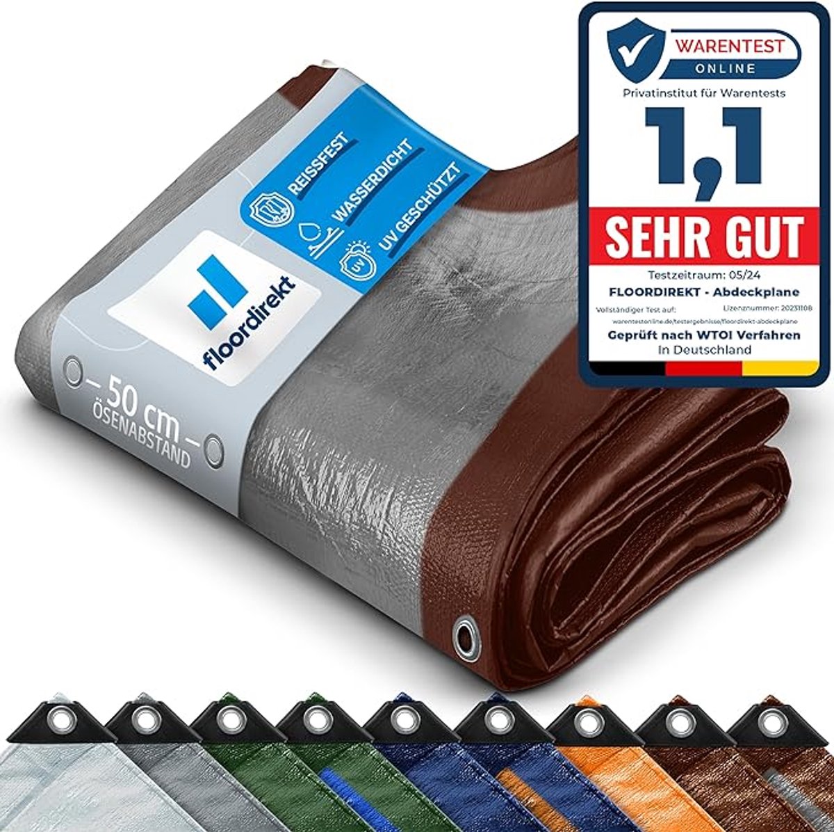 FLOORDIREKT Dekzeil - Stoffen Dekzeil - Beschermhoes - Bootzeil - Tentonderzeil voor Camping & Outdoor - Waterdicht - Met Zeilogen - 80 g/m² - Bruin/Zilver - 1,5 x 6 m