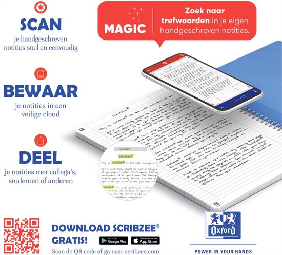 Carnet Oxford ouvert avec un smartphone et un stylo. Texte 'SCAN, SAVE, ORGANIZE' et 'DOWNLOAD SCRIBZEE GRATUIT !'.