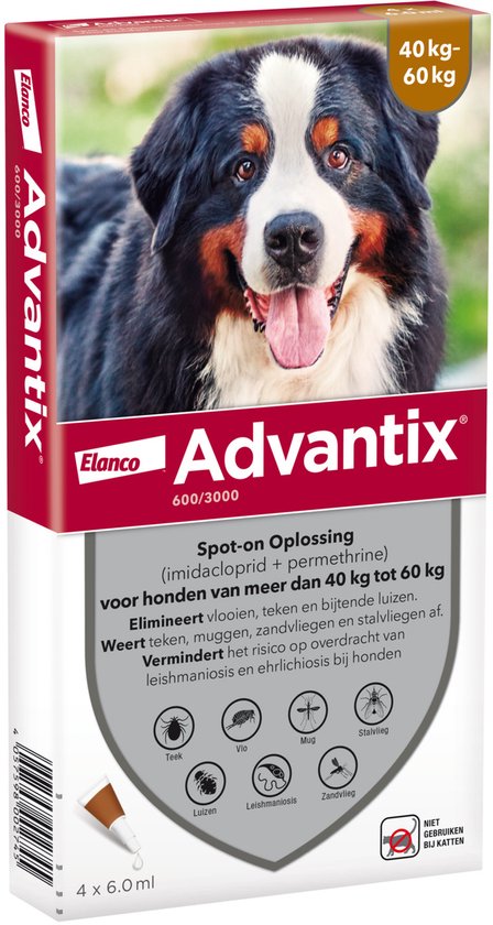 Advantix Spot On 600 Anti Vlooien en Teken Druppels Hond 40 - 60 kg - 4 pipetten
