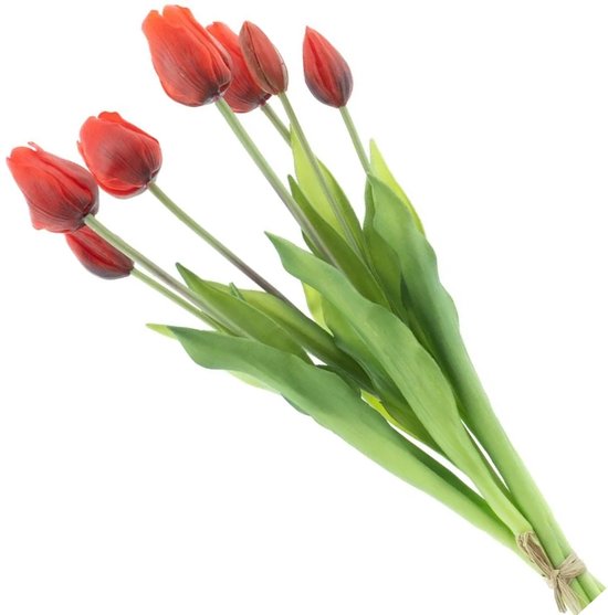 Bouquet de tulipes artificielles Bellatio Design Sally - 7 pièces - rouge - toucher réaliste - 47 cm