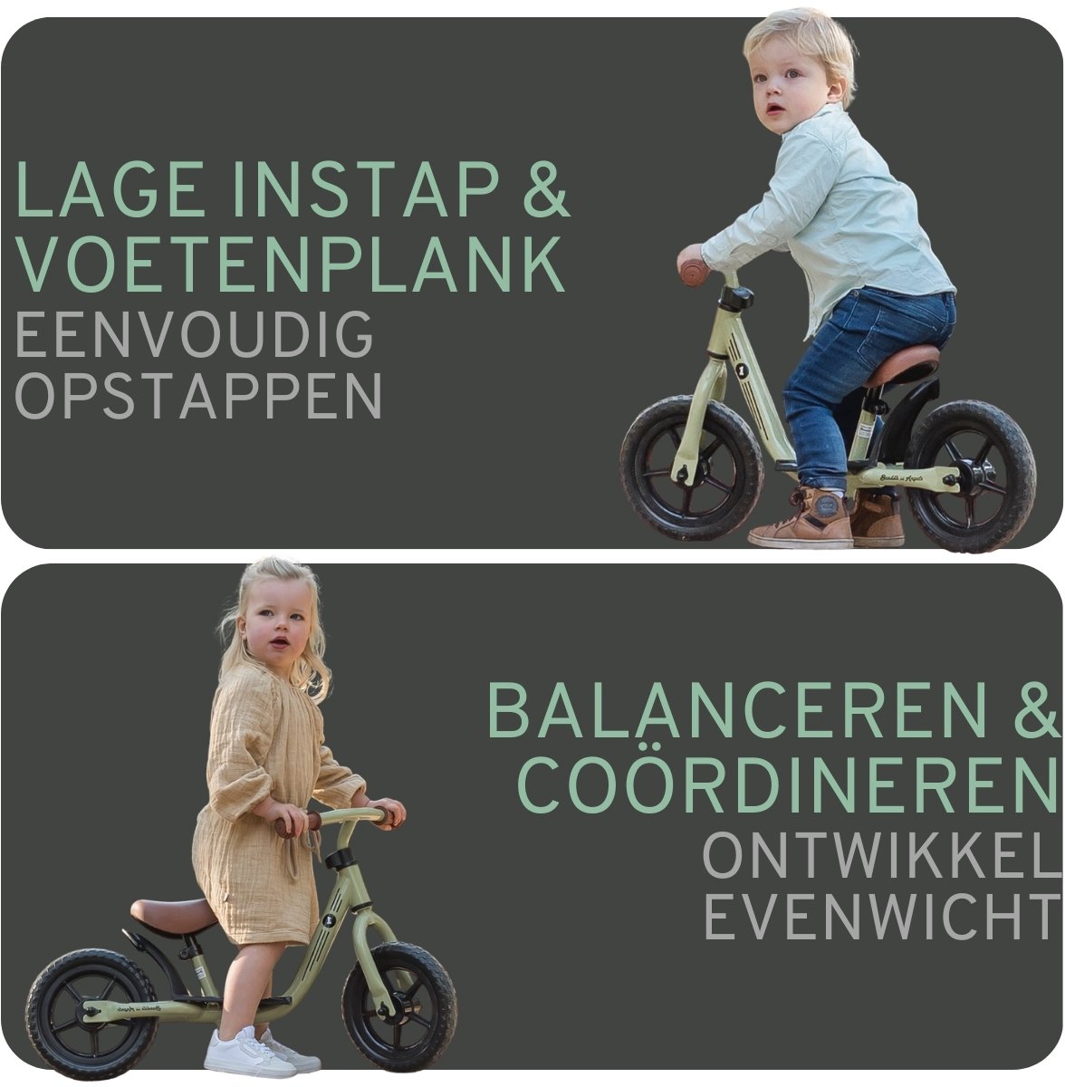 Bandits & Angels Metalen Loopfiets Starter Groen met Voetenplank vanaf 2 Jaar - Limited Edition - Vintage Groene Loop Fiets - Verstelbaar Zadel 29 tot 39 cm - Voor Jongens en Meisjes - Compact en Veilig - Lage Instap met Voetenplank — afbeelding 3