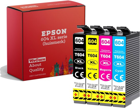 Rode doos met 'EPSON 604 XL serie' en vier XL inktcartridges: zwart, geel, magenta, cyaan.