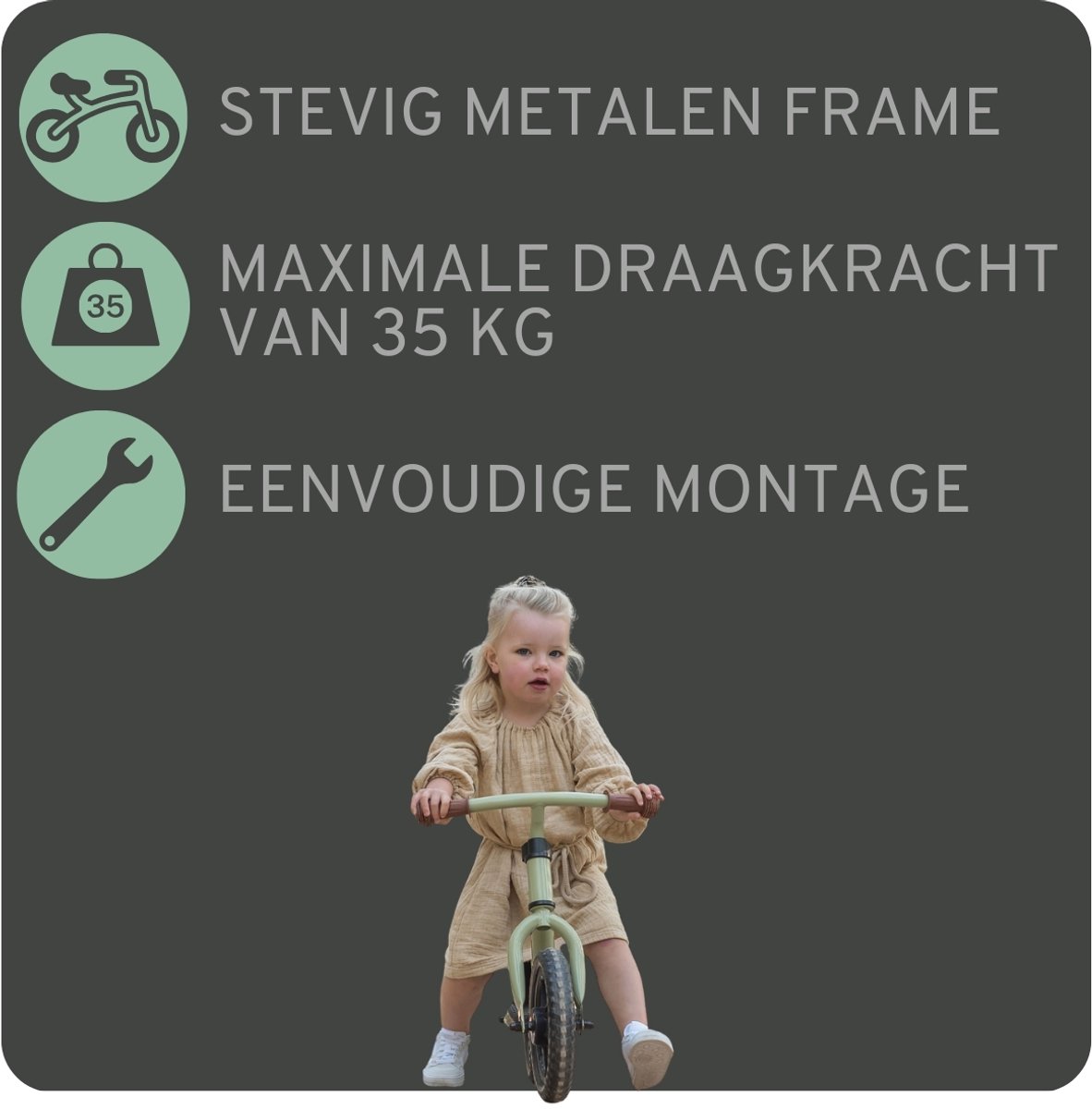 Bandits & Angels Metalen Loopfiets Starter Groen met Voetenplank vanaf 2 Jaar - Limited Edition - Vintage Groene Loop Fiets - Verstelbaar Zadel 29 tot 39 cm - Voor Jongens en Meisjes - Compact en Veilig - Lage Instap met Voetenplank — afbeelding 6