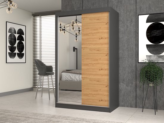 Donkergrijze kledingkast met spiegeldeur en houten deur in artisan eikenlook.