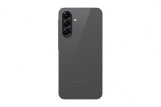 Samsung Galaxy A56 5G gris, vue arrière, avec trois appareils photo et le logo Samsung.