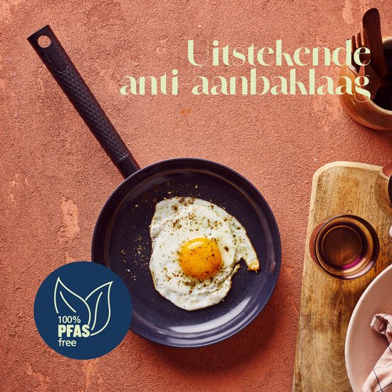 Koekenpan met een gebakken eitje, met het label '100% PFAS free' en de tekst 'Uitstekende anti aanbaklaag'.