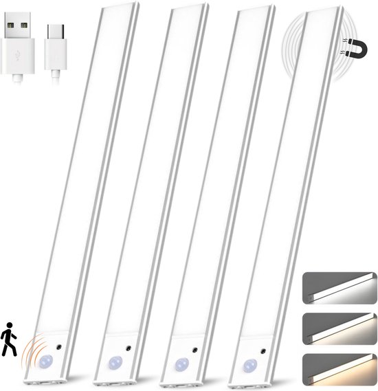Omniscient® Led Lamp met Bewegingssensor - Kastverlichting - Keukenverlichting Onderbouw Led- Nachtlampje - Meerdere Kleurtemperaturen - Dimbaar - 4x 20 cm - Nachtlampje met Sensor - Binnen - USB-C Oplaadbaar - Trapverlichting - Magnetisch - Kastlamp