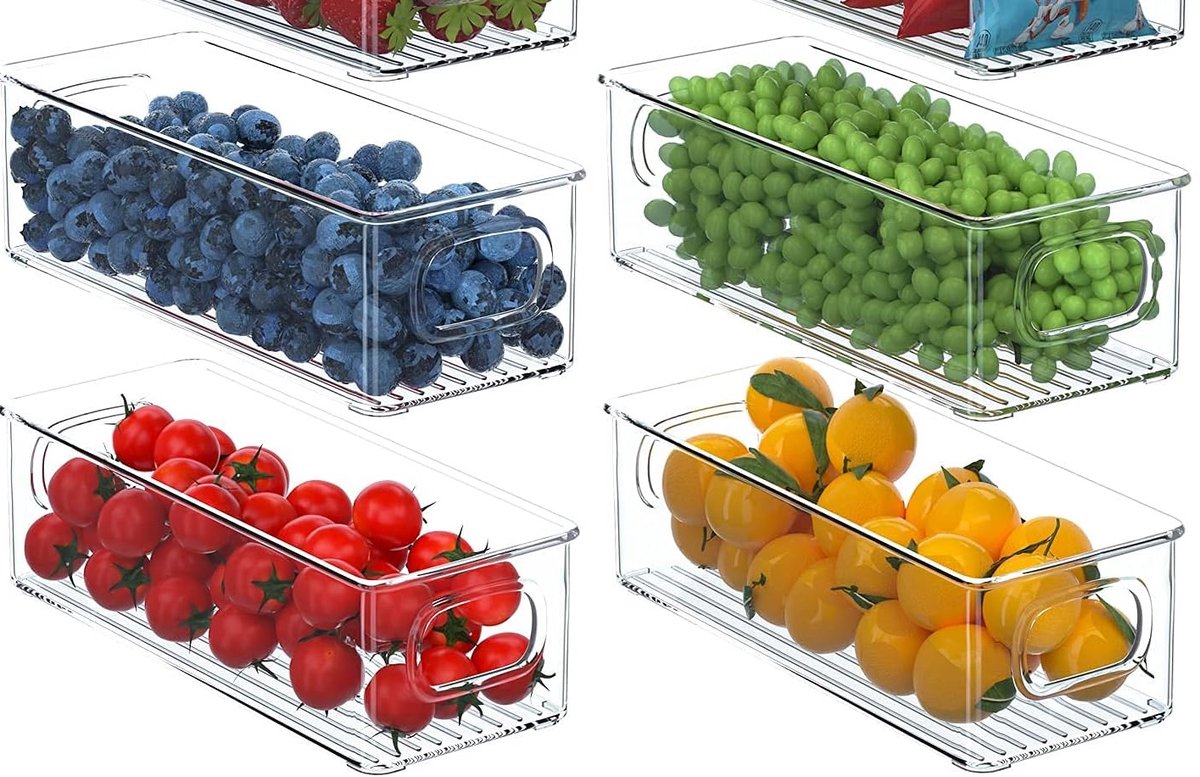 Candala Koelkast-organizer, set van 6 stapelbare keuken-opbergdozen, koelkastbox met handvat, doorzichtige voedselopslag voor kasten, vriezer, eetkamer - BPA-vrij