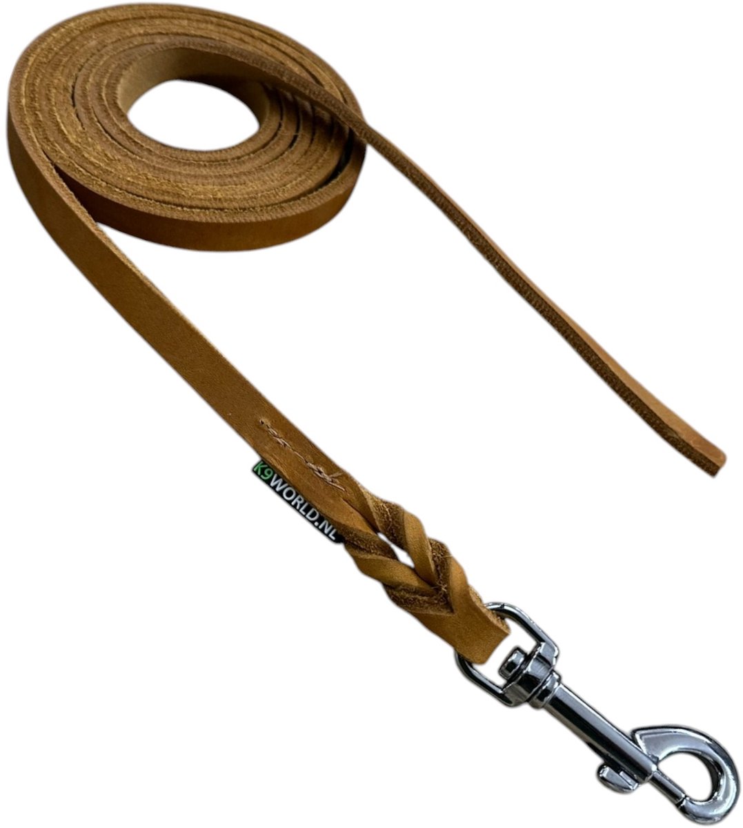 K9 World, honden riem, cognac bruin leder, zonder handvat, 12 mm breed, 3 meter lang, verchroomd musketon