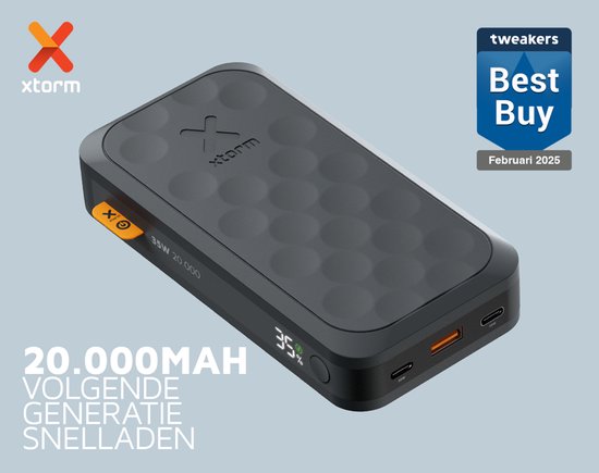 Zwarte Xtorm powerbank, 20.000 mAh, 35W snelladen, met reliëfpatroon en tweakers Best Buy logo.