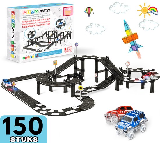 Magnetic Tiles - Magnetisch Speelgoed - 150 stuks – Racebaan - Magnetische tegels - Montessori speelgoed - Magnetische bouwstenen - Speelgoed - Magna - Bouwstenen - Educatief speelgoed - Jongens & Meisjes - 3 jaar t/m 12 jaar – Playnetix