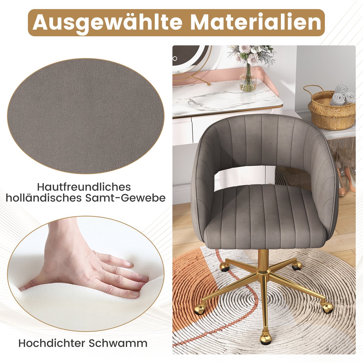 COSTWAY Make-upstoel, fluweel, draaistoel, in hoogte - afbeelding 2