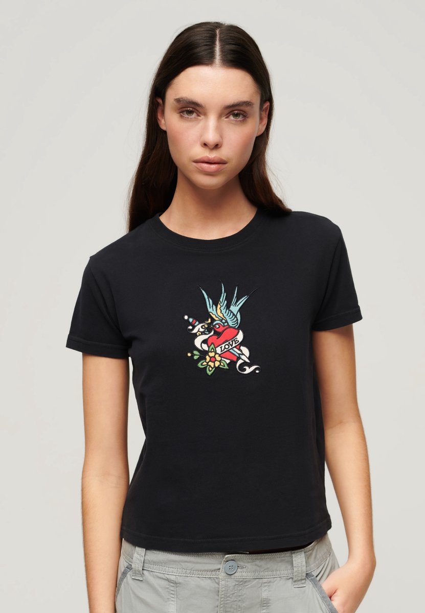 Superdry Aansluitend Tattoo-T-shirt met borduursel Dames T-shirts Zwart