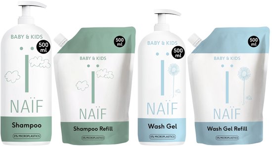 Naïf Baby Shampoo & Wasgel Voordeelset - Baby's & Kinderen - Pompfles en Navulling - Natuurlijk - 4x500ml