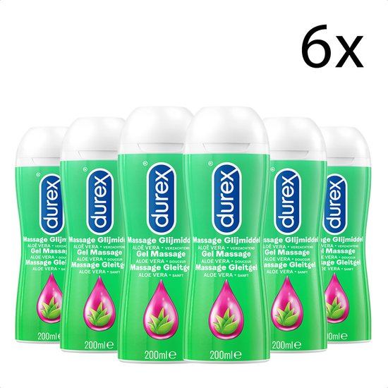 Zes groene Durex massage glijmiddel flessen met aloë vera, met '6x' aanduiding.