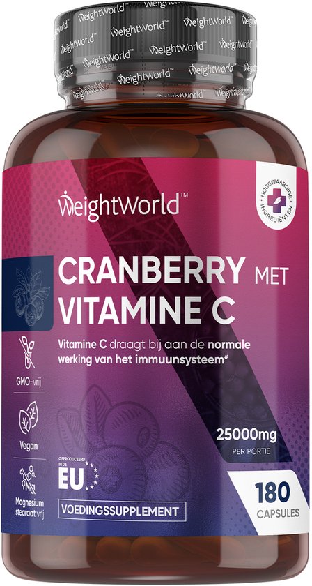 WeightWorld Cranberry capsules met Vitamine C - 25.000 mg - 180 capsules voor 6 maanden voorraad