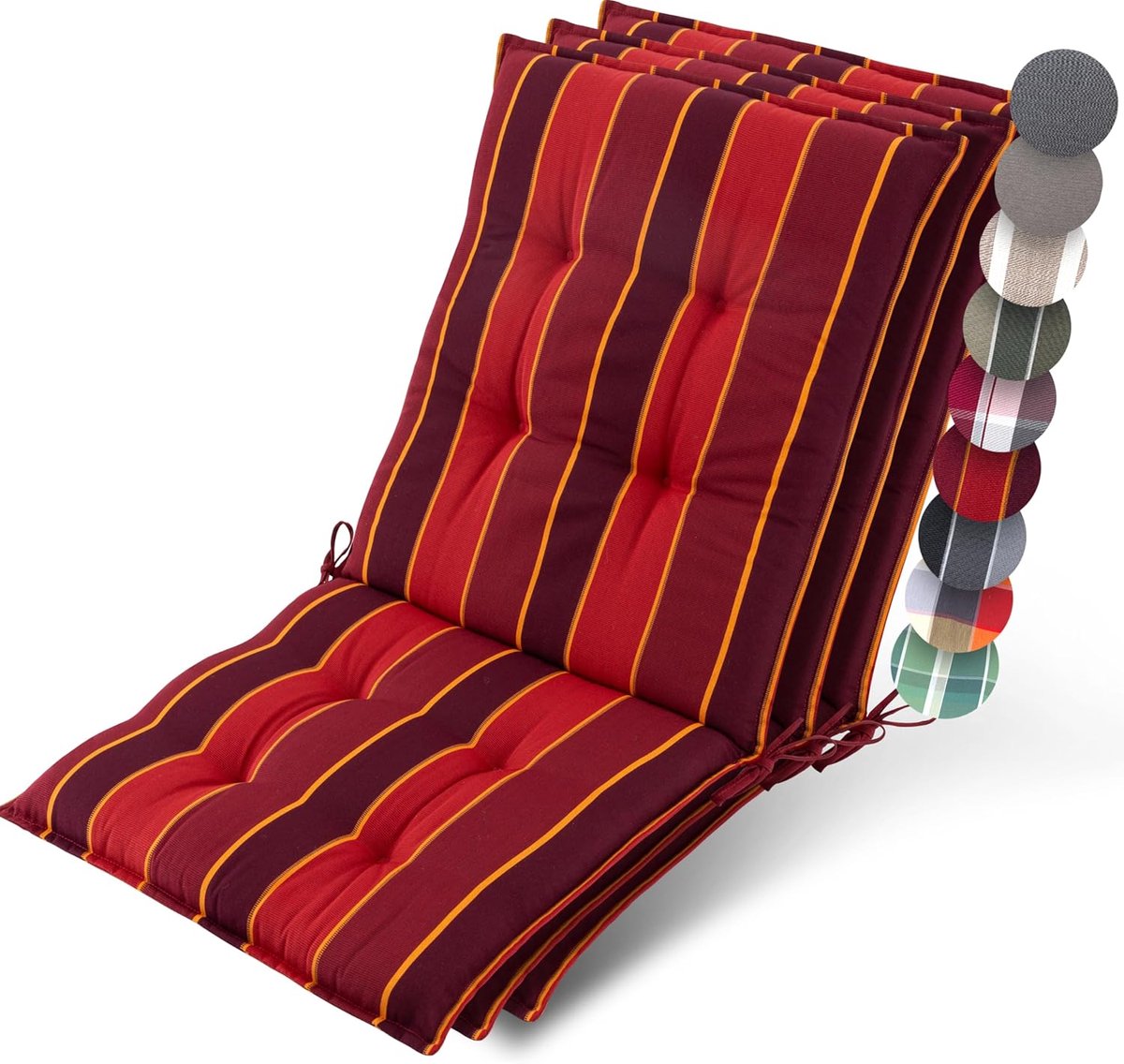 Beautissu Sun-NL – Set van 3 Premium Lage Rugleuning Kussen 100x50 cm - UV-bestendig & 8cm Dik Kussen Tuinstoelkussen Antislip Bevestigingsbanden – Stevige Stof Rood Gestreept