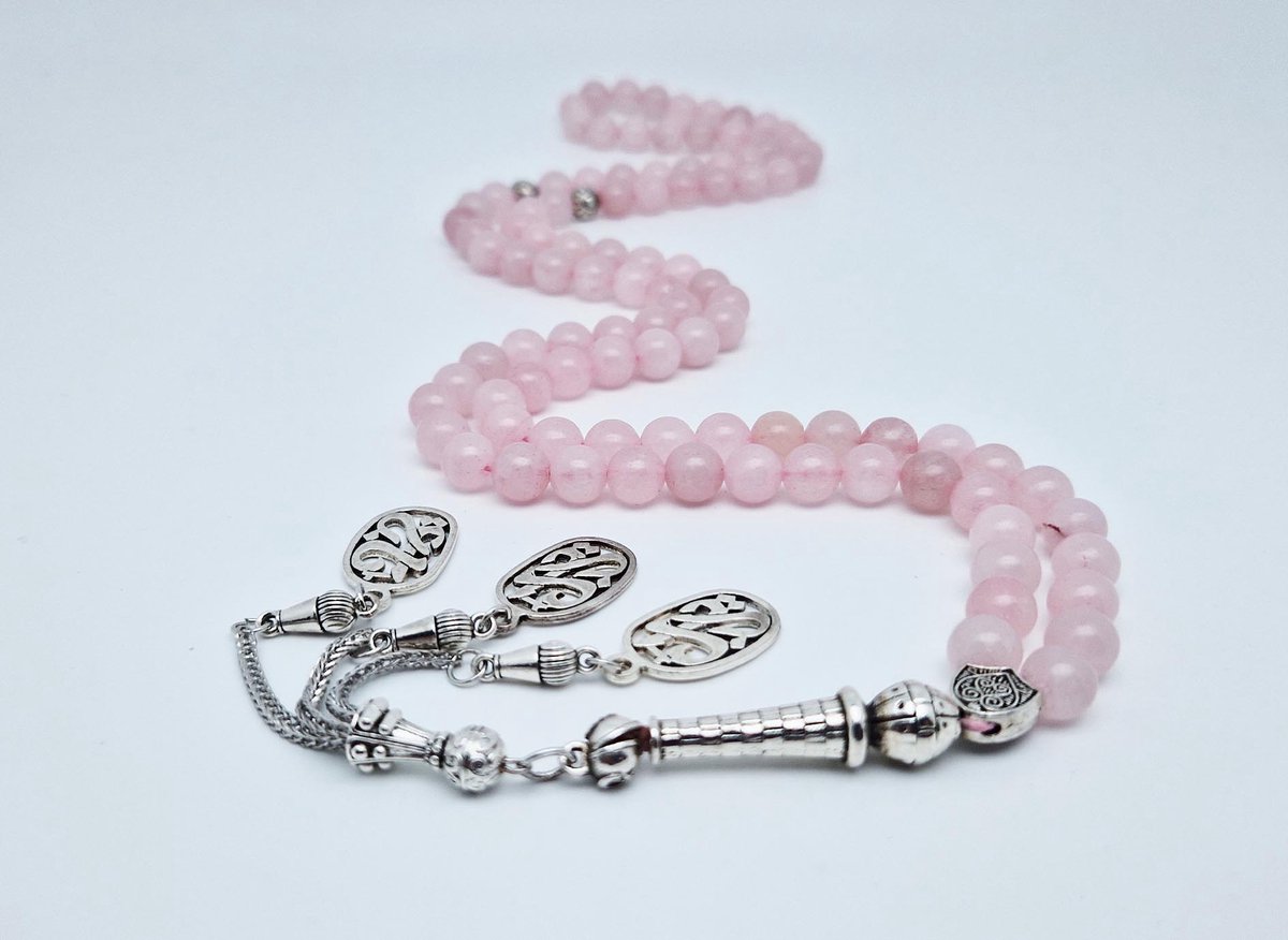 Handgemaakte tesbih "Tasbih" natuursteen "Roze kwartz" - Aantal kralen 99 - Diameter kralen 8MM - met metaal tassel "Yarab" - Een mooi cadeau-idee