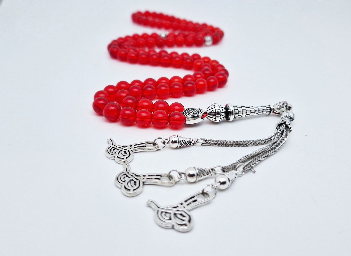 Handgemaakte tesbih "Tasbih" natuursteen "Rode kwarts" - Aantal kralen 99 - Diameter kralen 8MM - met metaal tassel "Arabische kalligrafie" - Een mooi cadeau-idee