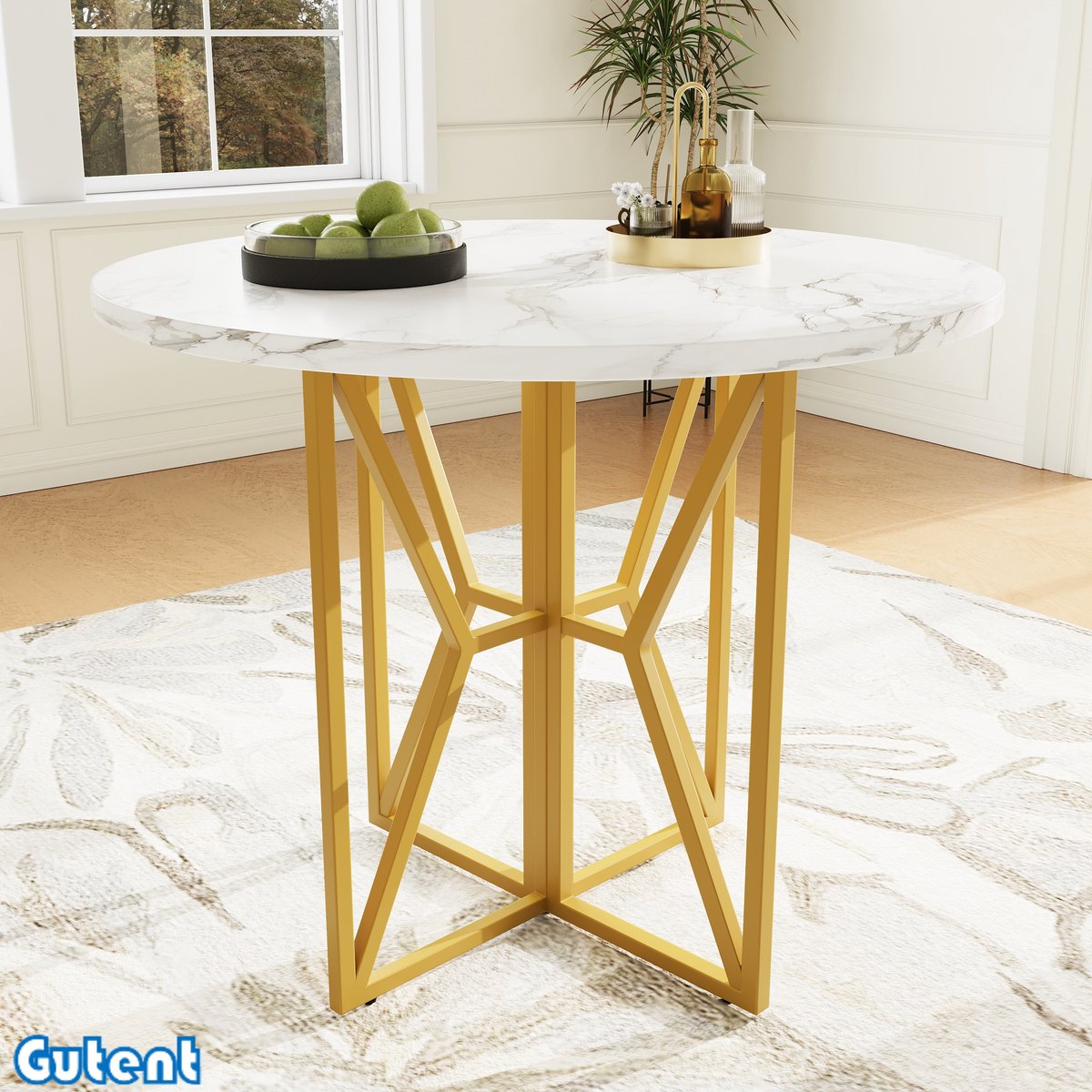 Gutent Ronde eettafel (80 x 80 x 76 cm) — licht en luxe — ronde tafel voor 4-6 personen — Gouden poten — MDF tafelblad