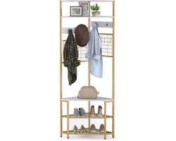 COSTWAY 180 cm kapstok hoek, 3-in-1 kledingrek & zitbank & schoenenrek, incl. 12 haken, opbergrek, garderobe voor hal, woonkamer, slaapkamer