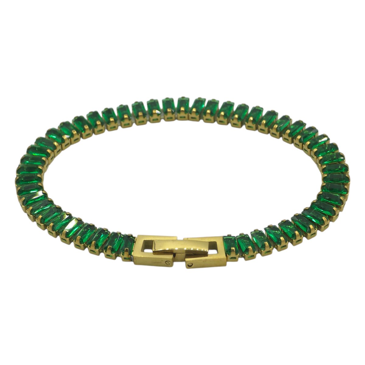 Dames Armband – Goudkleurige Stalen Tennisarmband met Groene Emerald-Geslepen Zirkonia (16 cm x 5 mm) – Inclusief Doosje