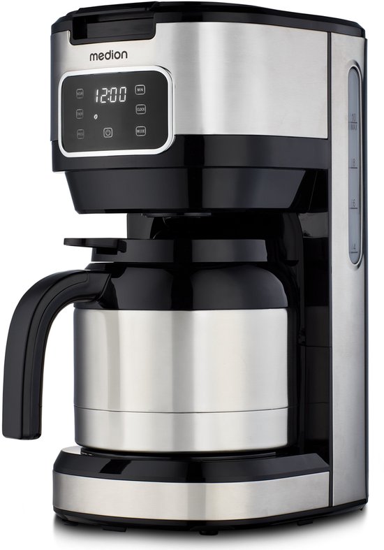Machine à café MEDION avec verseuse thermos et minuteur (machine à filtre, 10 tasses, 1,25 litre, 900 watts, minuteur, fonction anti-goutte, écran, MD11019) en acier inoxydable