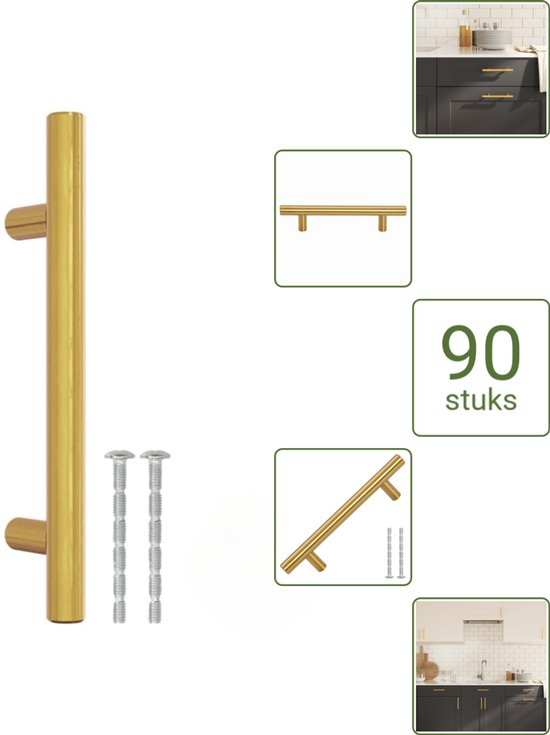 vidaXL Handvatten - 96 mm RVS Goudkleurig - T-vormige Meubelgrepen voor Kasten en Lades - Voordeelverpakking - 90 stuks