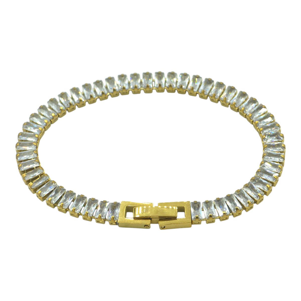 Dames Armband – Goudkleurige Stalen Tennisarmband met Witte Emerald-Geslepen Zirkonia (16 cm x 5 mm) – Inclusief Doosje