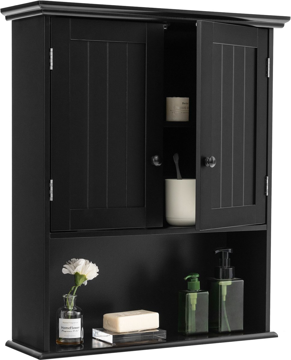 COSTWAY Hangkast, medicijnkast, wandkast met dubbele deur, badkamerkast, keukenkast, onderkast met verstelbare plank, kast voor badkamer, keuken, entree (zwart)