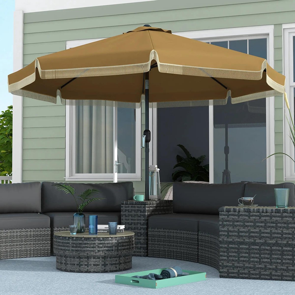 Sweiko Parasol - Diameter 268 cm - Kantelbaar - Tweedelige metalen stang - Khaki + zwart (zonder parasolvoet)