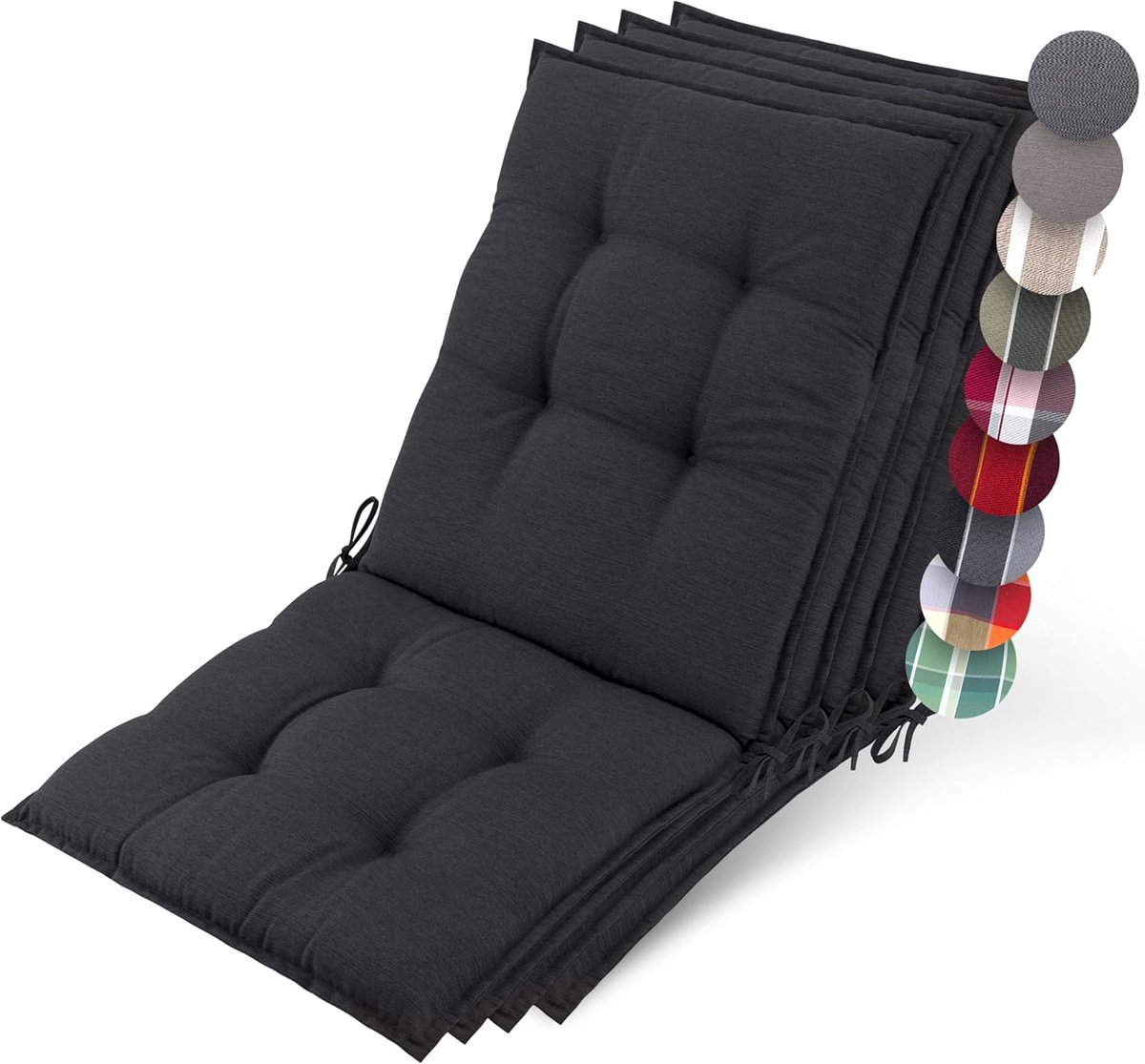 Beautissu Sun-NL – Set van 4 Premium Lage Rugleuning Kussen 100x50 cm - UV-bestendig & 8cm Dik Kussen Tuinstoelkussen Antislip Bevestigingsbanden – Stevige Stof Antraciet Gestreept